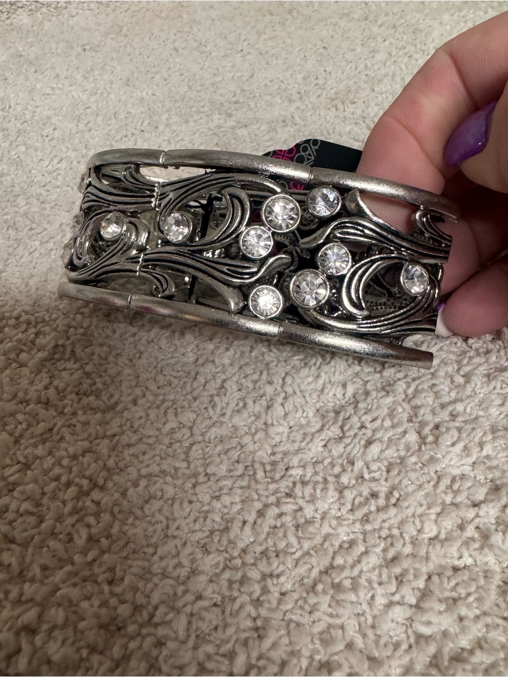 Paparazzi Silver-Tone Filigree Cuff with Clear Crystals